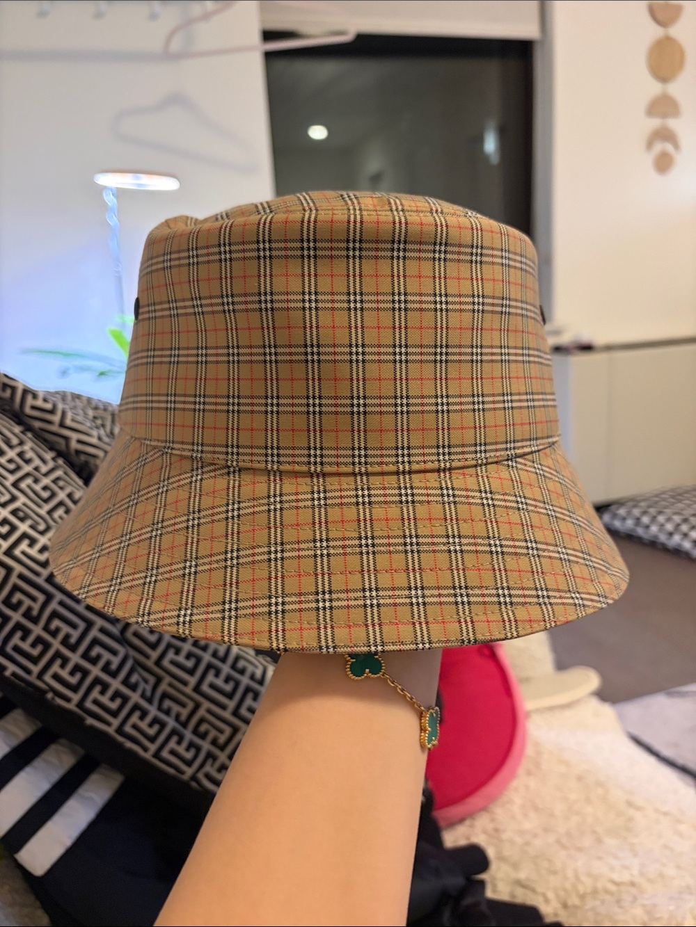 Burberry Beige/Tan Check Bucket Hat with Black Trim